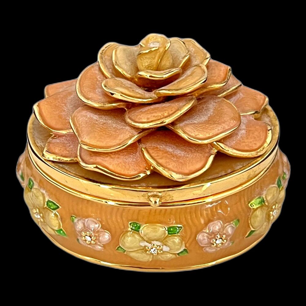 Vintage 1990s Joan Rivers Floral Brooch Trinket Box Enamel Gold Tone - 3J